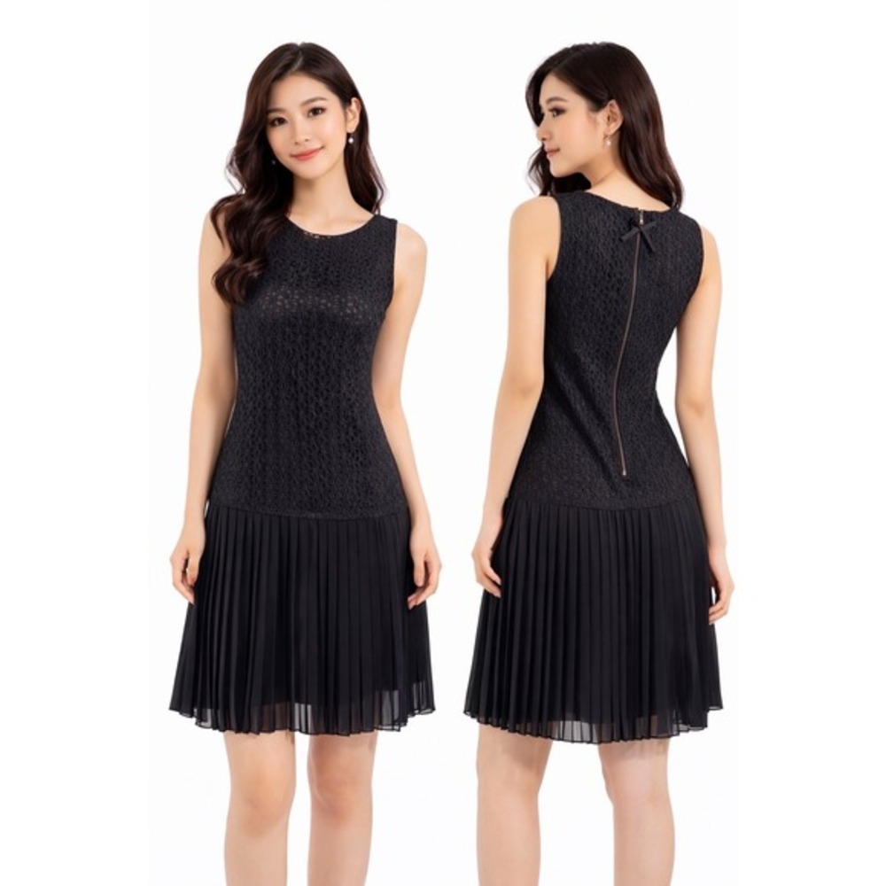 LOFT Black‎ Eyelet Lace Pleated Chiffon Mini Dress Bow Zip Back 8 Preppy 64-38